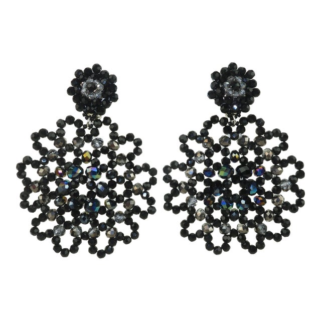 1980's Black Beaded Dangle Earrings, a Pair For Sale