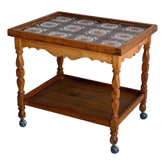 Oak Rolling Bar Cart Patterned Tile Top Serving Tea Trolley in Style of Henning Kjaernulf Denmark 1960s For Sale