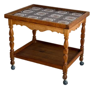 Oak Rolling Bar Cart Patterned Tile Top Serving Tea Trolley in Style of Henning Kjaernulf Denmark 1960s