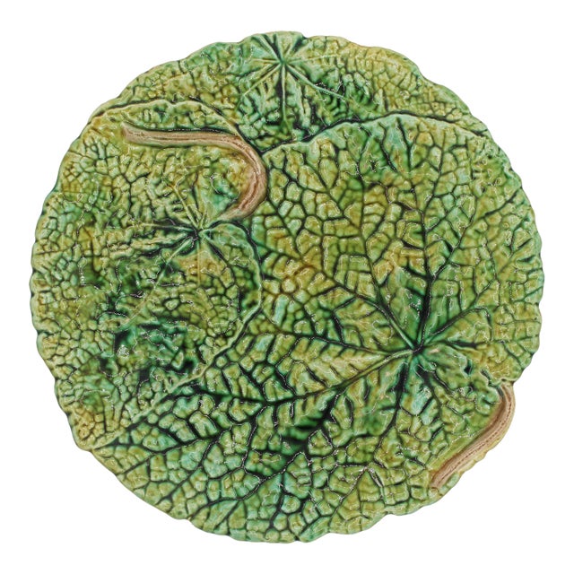 C. 1880-1900 London Majolica Begonia Leaf Plate by Joseph Roth For Sale