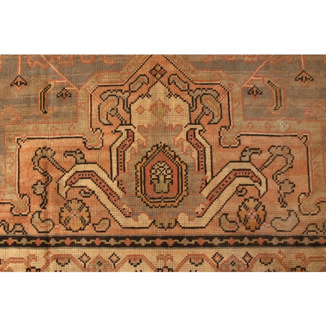 Hand Knotted Antique Oushak Style Rug in Blue and Pink Medallion Style For Sale - Image 4 of 5
