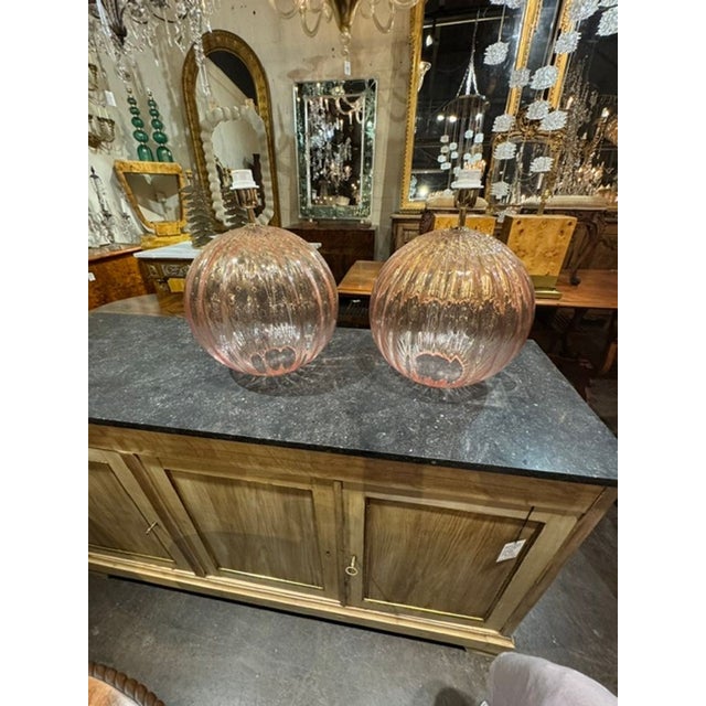 Modern Pair of Large Scale Pink Murano Globe Lamps For Sale - Image 3 of 8