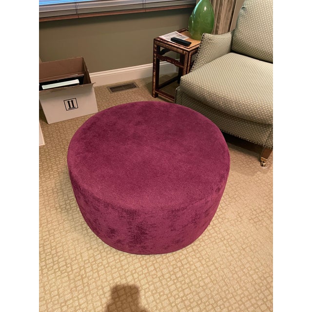 Textile Vintage Custom Berry Chenille Round Ottoman With Caster Wheels For Sale - Image 7 of 7