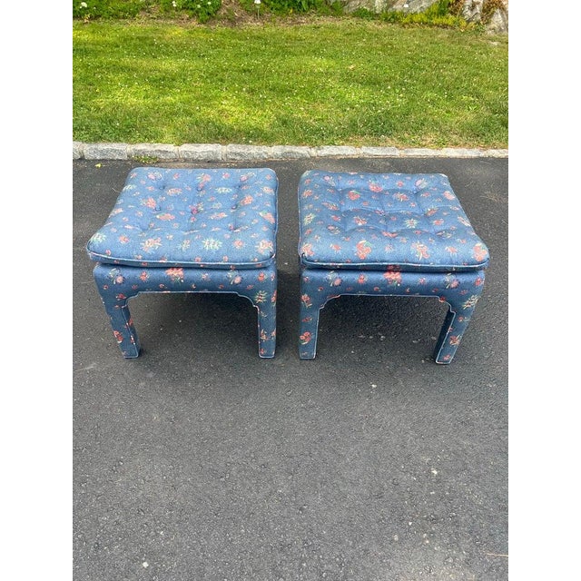 Pair of Square Pillow Top Tufted Billy Baldwin Ottomans. These 1970's parsons style benches feature a blue and pink floral...