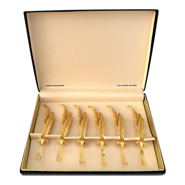 Mid-Century 24k Feather Design Appetizer Forks, Set of 6 For Sale