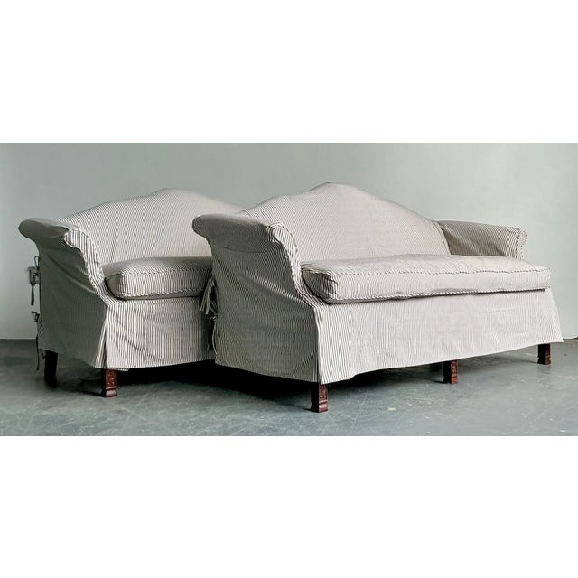 Vintage Regency Ticking Stripe Slipcover Camelback Sofas - A Pair For Sale - Image 10 of 12