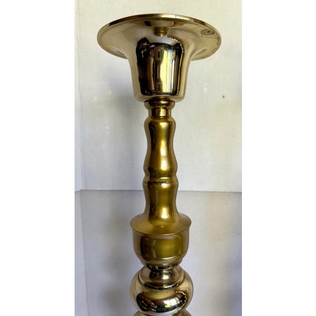 Mid 20th Century Vintage Pair of Brass 25" Tall Floor Candle Holder Candle Stands For Sale - Image 5 of 12