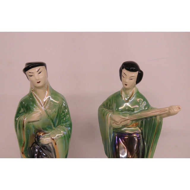 Green Japanese Eosin Glazed Ceramic Figurines Pair of 2 Iridescent Rainbow Sheen 5028b For Sale - Image 8 of 10
