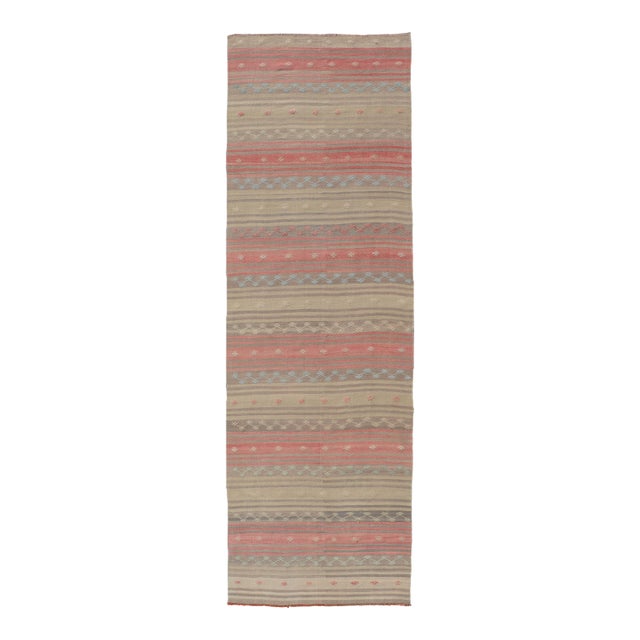 Vintage Turkish Kilim With Stripes in Blue, Tan, Brown, Cream and Orange For Sale