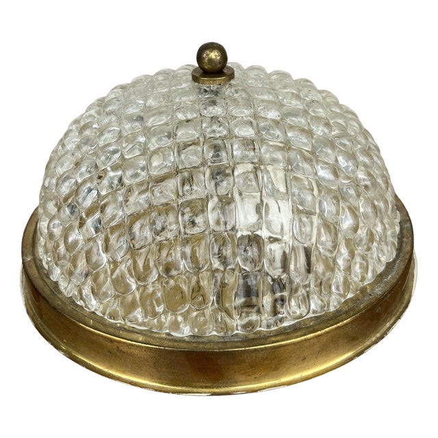 Vintage French Brass Ceiling Lamp in Glass For Sale