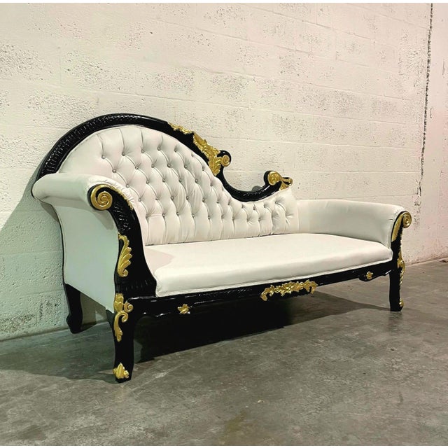 Rococo Chaise Lounge – White Leather, Black Lacquer Frame For Sale - Image 4 of 6
