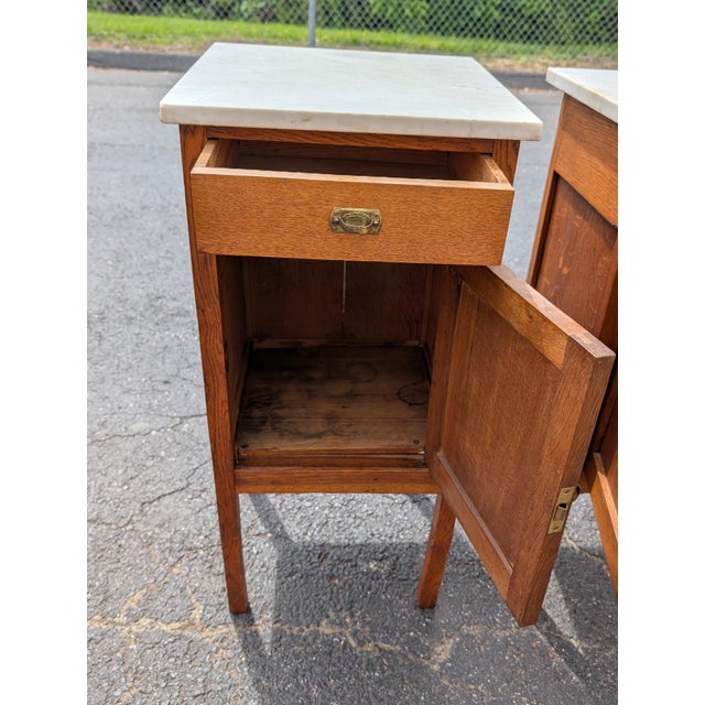 Antique French Oak White Marble Top Bedside Cabinets - A Pair For Sale - Image 9 of 12