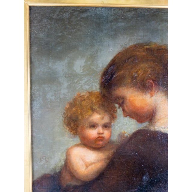 Textile 19th Century American Oil Painting of a Mother and Child Signed For Sale - Image 7 of 12
