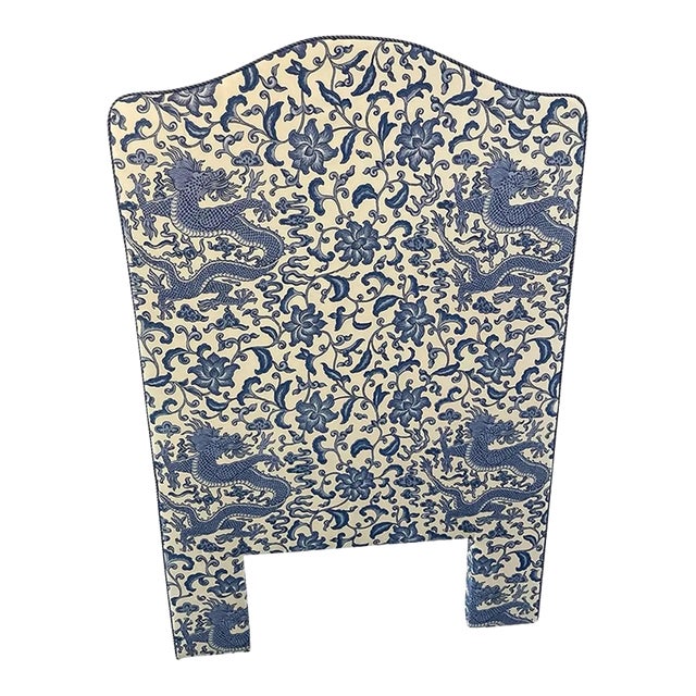 Blue & White Custom Chinoiserie Upholstered Twin Headboard For Sale