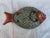 Colorful Chinese hand painted covered footed fish dish. Metal hardware.