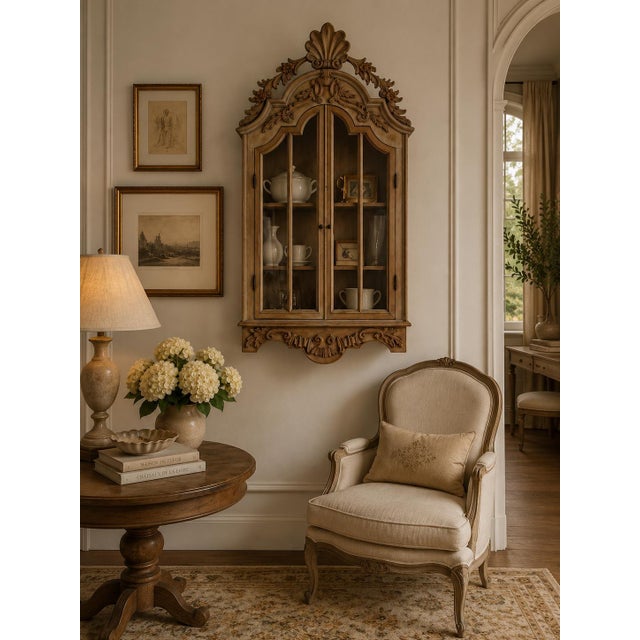 A stunning 1970s Italian Hollywood Regency hanging wall cabinet featuring an intricately hand-carved crest with acanthus...
