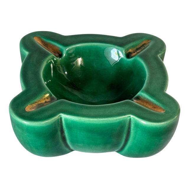 French Art Deco Green Ceramic Ashtray with Gilded Details, 1940s For Sale