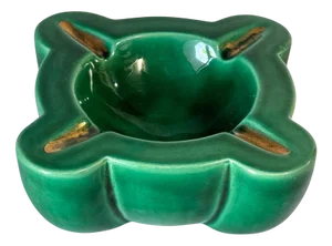 French Art Deco Green Ceramic Ashtray with Gilded Details, 1940s