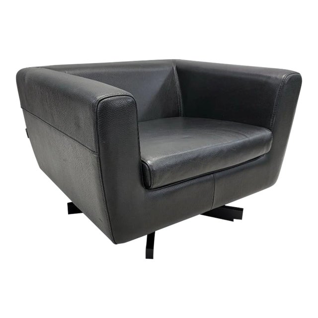 Mid Century Modern Roche Bobois Swivel Lounge Chair in Black Leather For Sale