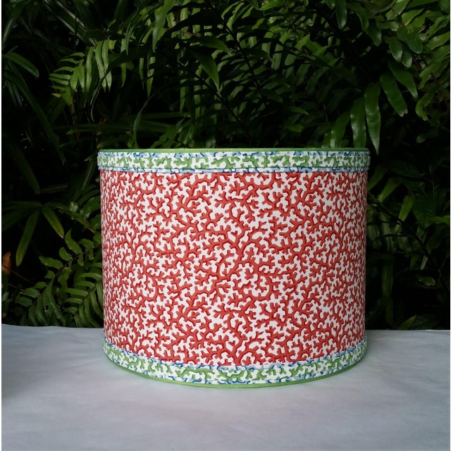 Blue Coral Red Lampshade Drum Blue and Green Trim For Sale - Image 8 of 11