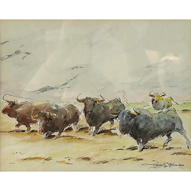 Paint Late 20th Century Set of 2 Framed Watercolor Bull Fighting For Sale - Image 7 of 8