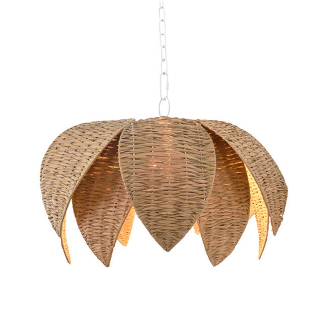Rustic Matthew Izzo Home Franny Natural Rafia Lotus Flower Shaped Pendant Light For Sale - Image 3 of 5