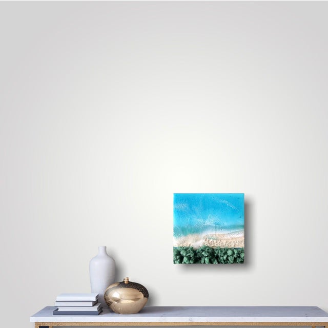 Contemporary Here on the Beach #4 by Ana Hefco | Mixed Media on Wood Beach scene with turquoise water and sand For Sale - Image 3 of 3