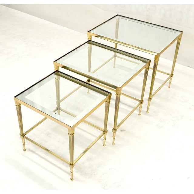 Fine Polished Brass Glass Mirrored Frames Tops Nesting Side Tables Stands Redone. Brass bases are refinished.