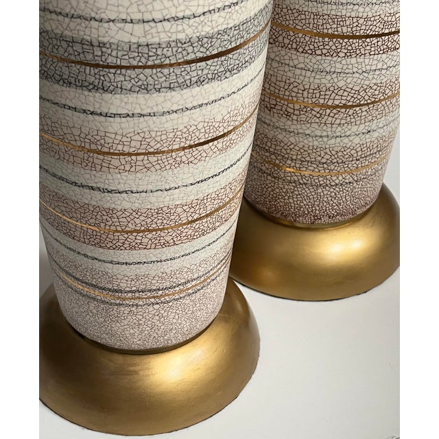 Almond Tall Pair 1960s Bottle-Form Striped Ceramic Lamps With Crackle Glaze Finish For Sale - Image 8 of 10