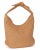 Shoulder hobo in camel woven leather with knotted shoulder strap and zip top closure. Fully lined with inside pocket.