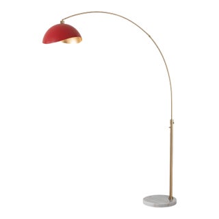 1960s Nova of California Adjustable Arc Floor Lamp - Mid Century Modern, Red/Gold Shade, White Marble Base, Dimmable For Sale