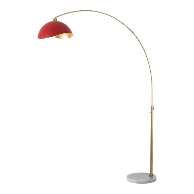 1960s Nova of California Adjustable Arc Floor Lamp - Mid Century Modern, Red/Gold Shade, White Marble Base, Dimmable For Sale