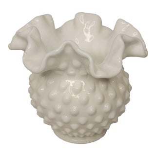 Mid 20th Century Mid-Century Modern Fenton White Milk Glass Hobnail Ruffled / Scalloped Vase For Sale