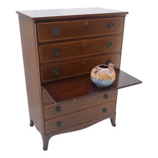 Pull Out Tray Desk Table 6 Inlayed Drawers Federal Style High Chest Dresser For Sale