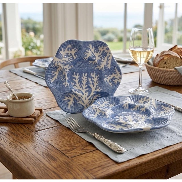 Pair of Italian Les Ottomans Hand-Painted Blue Coral Oyster Plates For Sale - Image 9 of 11