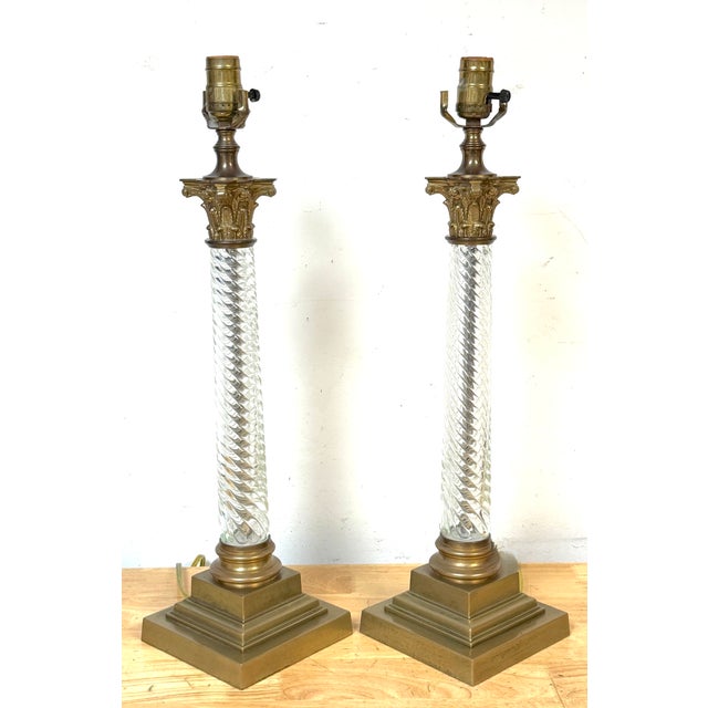 Early 20th Century Baccarat Attributed Gilt Bronze and Spiral Crystal Corinthian Column Lamps - a Pair For Sale In West Palm - Image 6 of 13