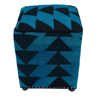 Boho Chic Blue/Black Handmade Kilim Upholstered Ottoman For Sale