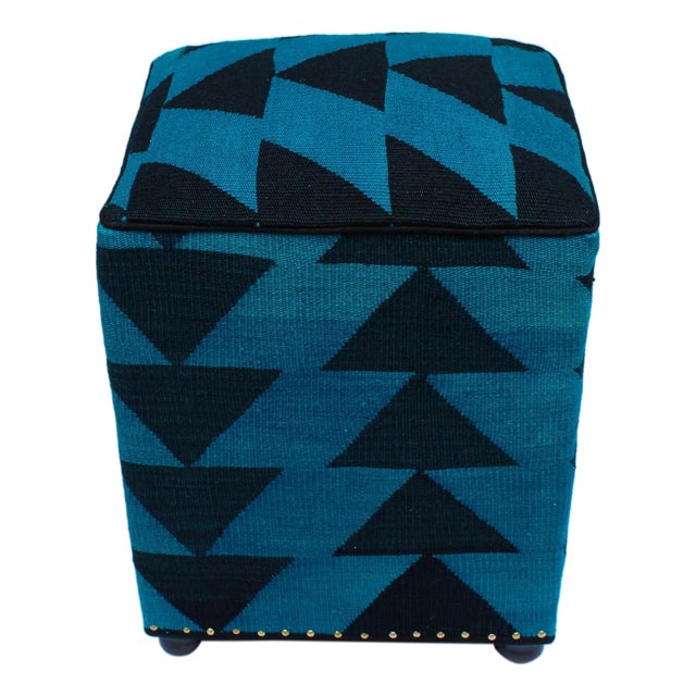 Boho Chic Blue/Black Handmade Kilim Upholstered Ottoman For Sale