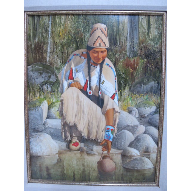 Wood Roger Cooke Pacific Nw Signed Framed Native American Oil Painting River Woman For Sale - Image 7 of 8