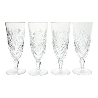 1950s Vintage Swirl Star & Fan Cut 4 Crystal Fluted Champagne Glasses For Sale