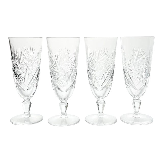 1950s Vintage Swirl Star & Fan Cut 4 Crystal Fluted Champagne Glasses For Sale
