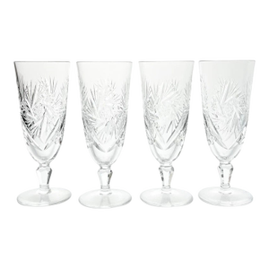 1950s Vintage Swirl Star & Fan Cut 4 Crystal Fluted Champagne Glasses