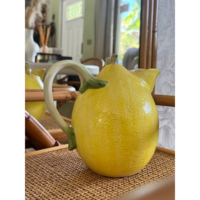 Bordallo Pinheiro 1960s Portuguese Majolica Lemon Pitcher — Caldas Da Rainha Region Pinheito Style, Unsigned | Hand-Painted Ceramic For Sale - Image 4 of 9