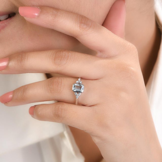 March Birthstone Aquamarine Diamond Ring for Women in 14K Gold featuring natural aquamarine of 0.95 carats and diamonds of...