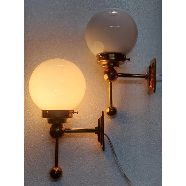 1940s Vintage 1940s Art Deco Wall Sconces Fixture in Brass & Milk Glass Shade Ship Light - a Pair For Sale - Image 5 of 6