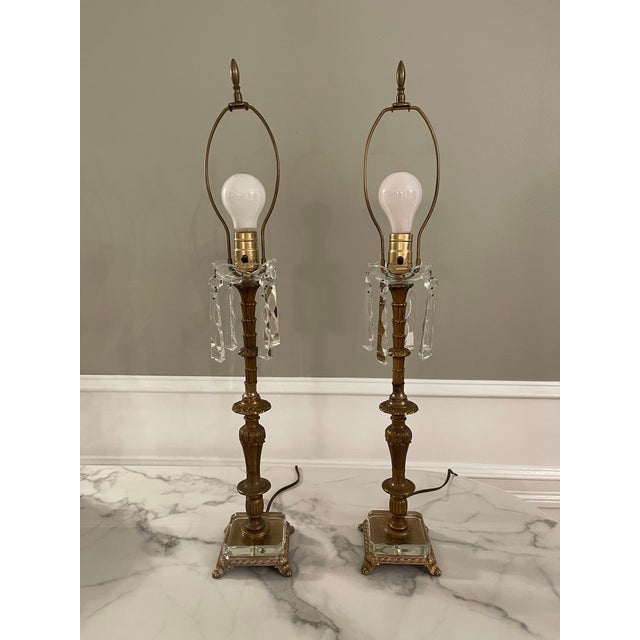 Traditional Vintage Brass & Crystal Footed Lamps - a Pair For Sale - Image 3 of 9