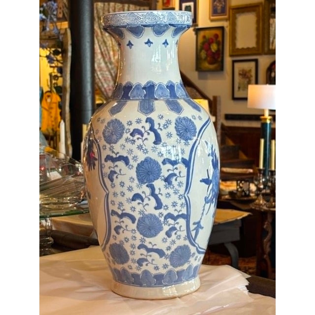 2000 - 2009 Blue and White Chinoiserie Tall Vase For Sale - Image 5 of 9