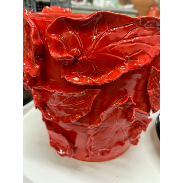 Ceramic Vibrant Italian Red Majolica Leaf-Appliqué Planters For Sale - Image 7 of 12