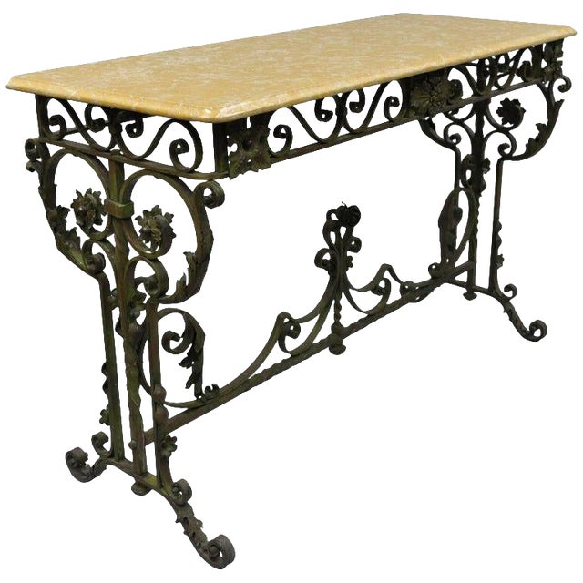 French Art Nouveau Green Wrought Iron Marble Top Scrolling Console