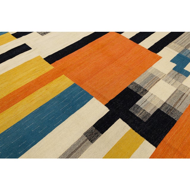 Contemporary Geometric Wool Kilim Rug – Mid-Century Modern Abstract Flat-Weave For Sale - Image 12 of 12